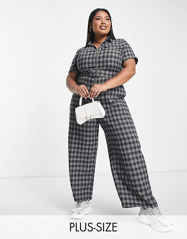 Lola May Curve - Lola May Plus zip front wide leg jumpsuit in check