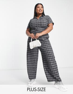 Lola May Plus zip front wide leg jumpsuit in plaid-Black