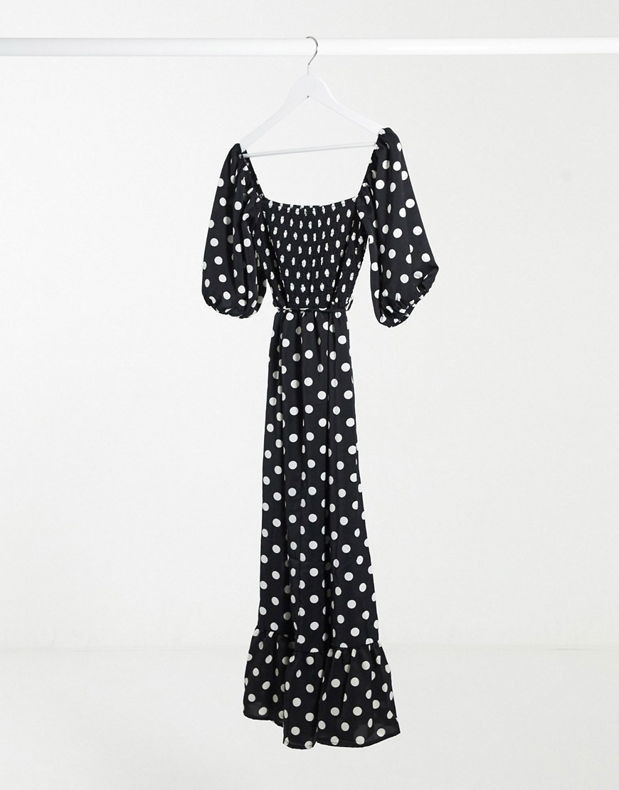 Lola May polka dot smock maxi dress with puff sleeves-Black