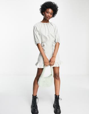 Lola May Lola May puff sleeve mini dress in check-Multi