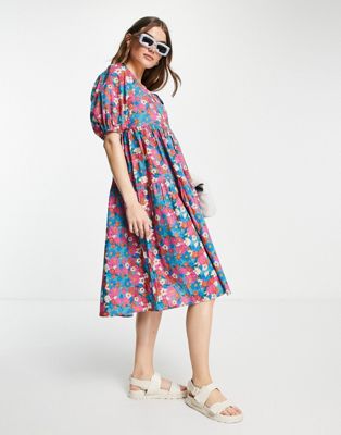 Lola May puff sleeve tiered midi dress in bold floral print
