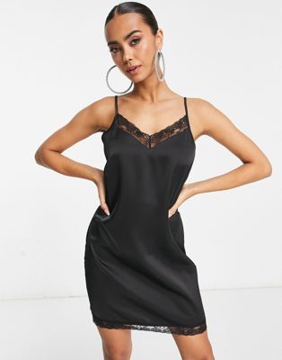 Lola May satin cami mini dress with lace trims in black - ASOS Price Checker