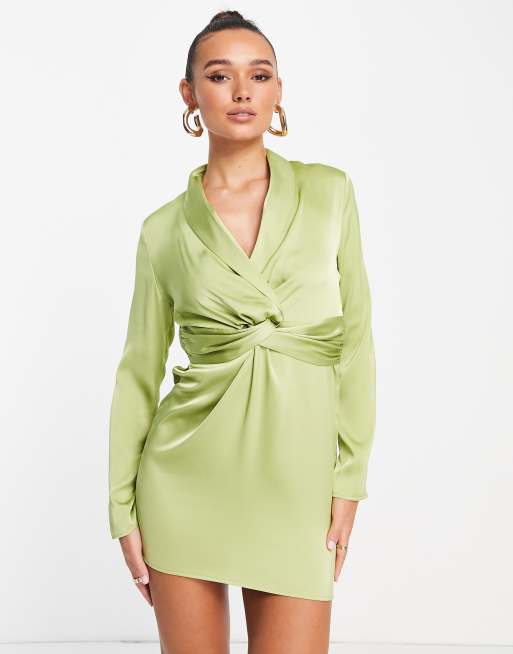 Lola May - Robe courte satinée nouée sur le devant - Chartreuse