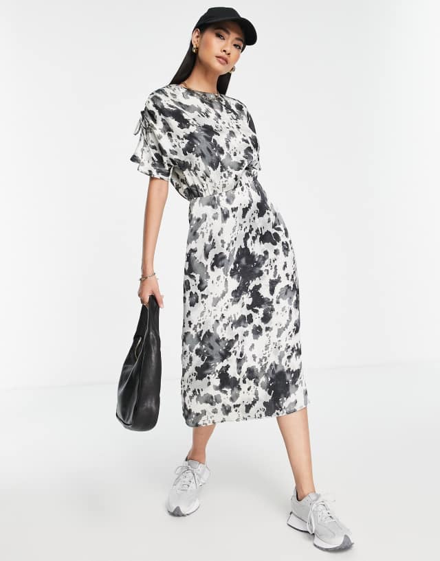 Lola May Round Neck Satin Dress In Cow Print