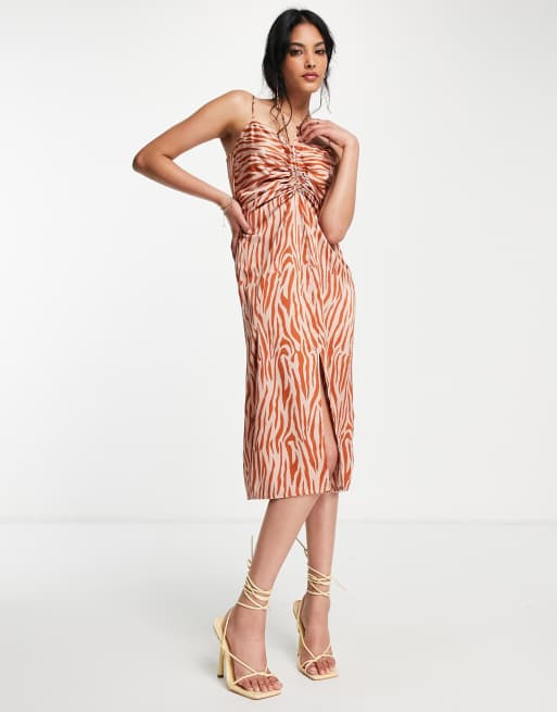 Lola May ruched front cami midi dress in zebra print