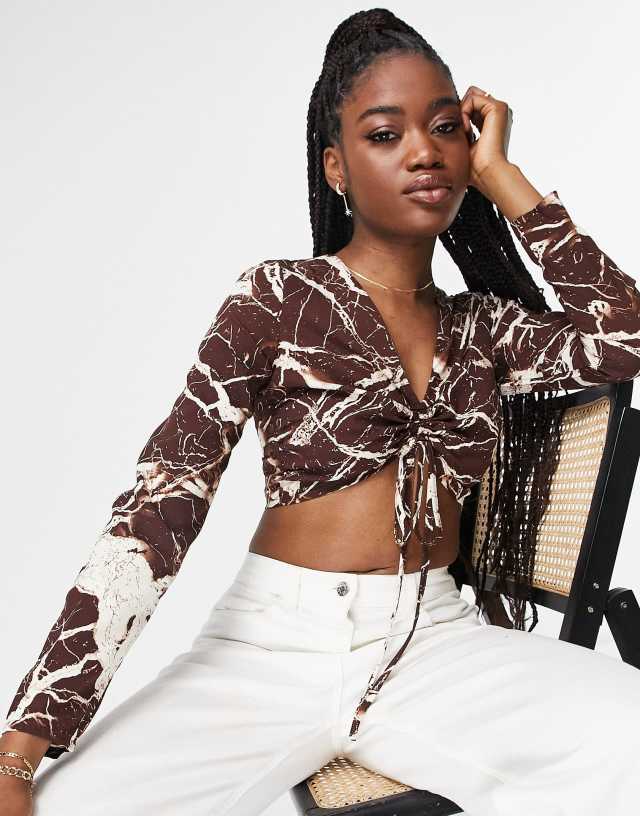 Lola May ruched front crop top in marble print