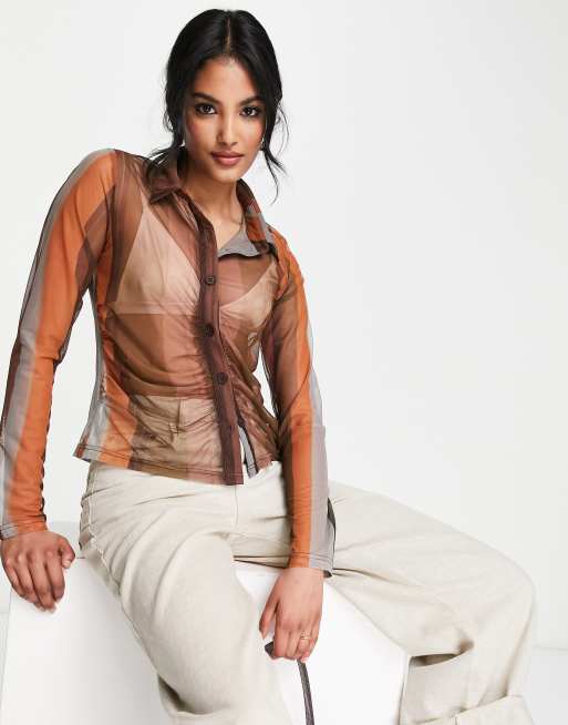 Lola May ruched mesh shirt in stripe