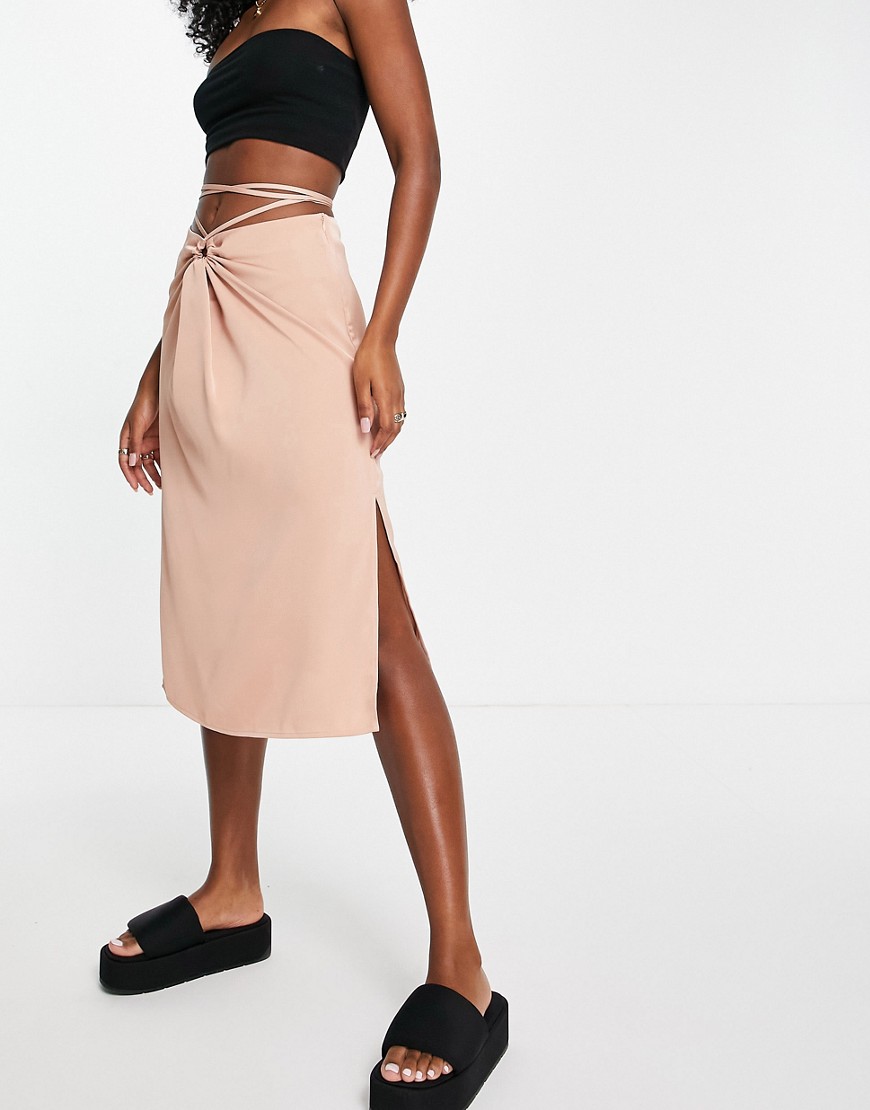 Lola May ruched satin strappy detail midi skirt in blush-Pink