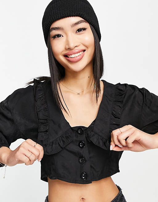 Lola May ruffle collar cropped blouse in black