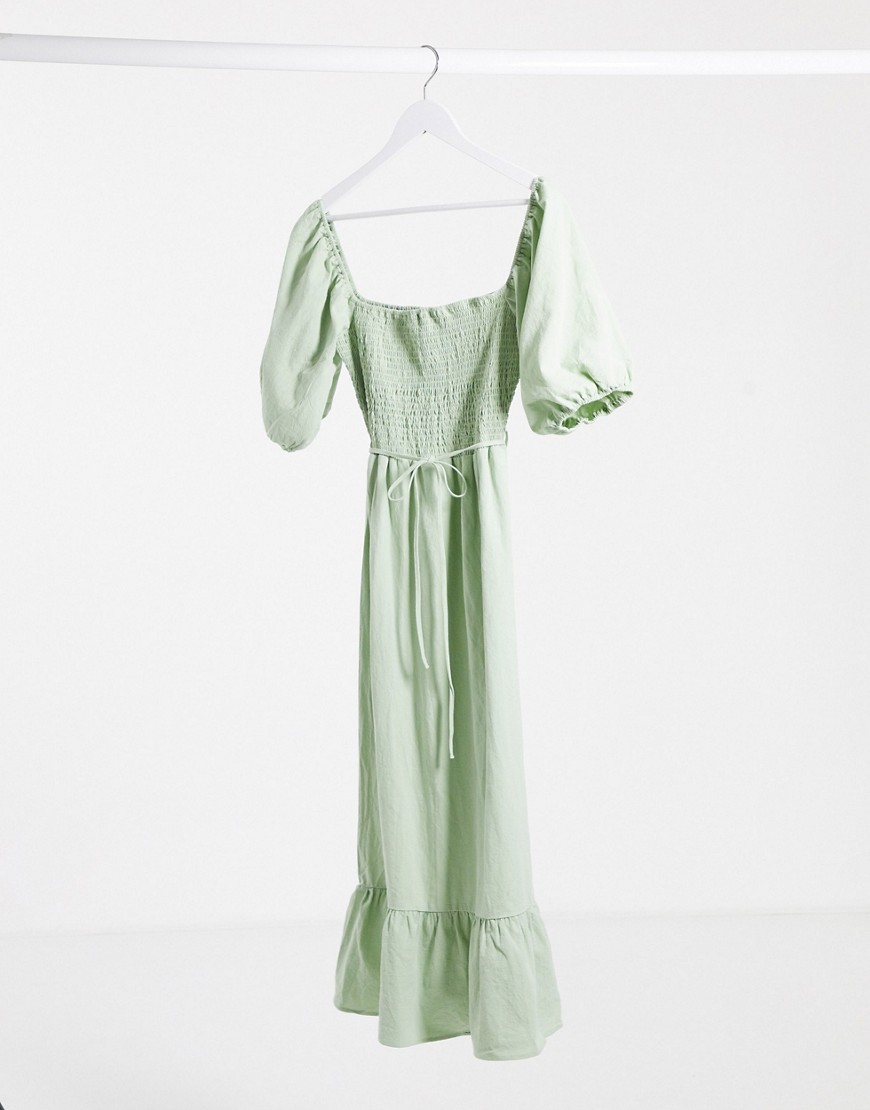 Lola May sage smock maxi dress with puff sleeves-Green