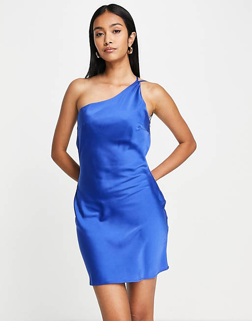 Lola May satin asymmetric strap mini dress in cobalt blue