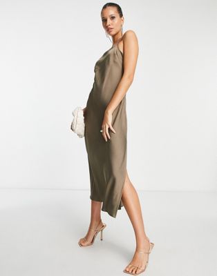 Lola May satin cami midaxi dress with diamante strap in taupe
