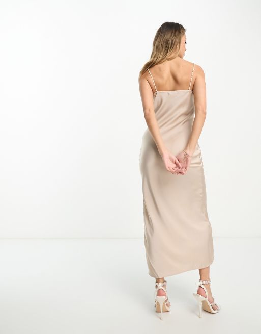 Lola May satin cami midaxi dress with pearl effect straps in champagne, 2 of 4