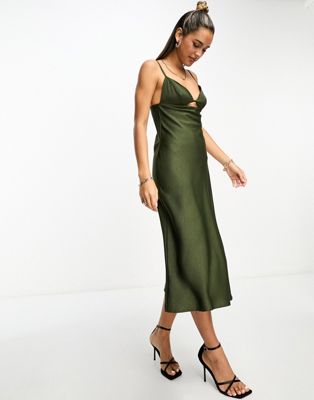 Lola May satin cami midi dress with cut out detail in khaki-Green