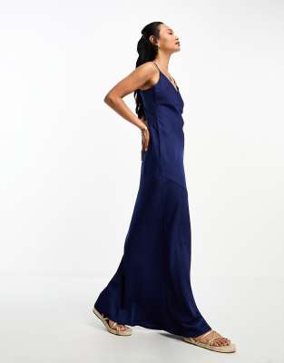 Lola May Lola May satin cami strap maxi dress in navy