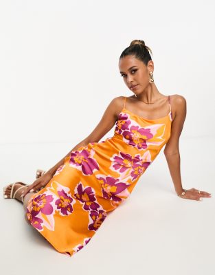 Lola May Lola May satin cami strap midi dress in orange floral print