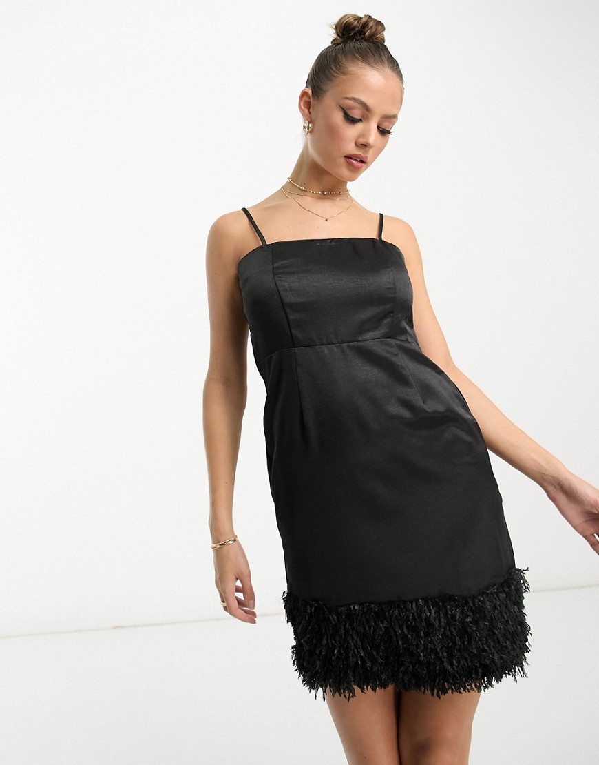 satin cami strap mini dress with trim in black
