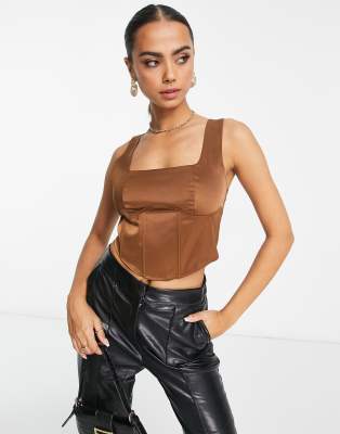 Lola May Lola May satin corset crop top in brown