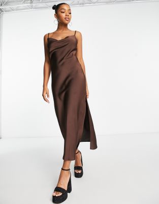 COLLUSION Open Back Satin Midi Slip Dress In Black, Low Back Satin Dress