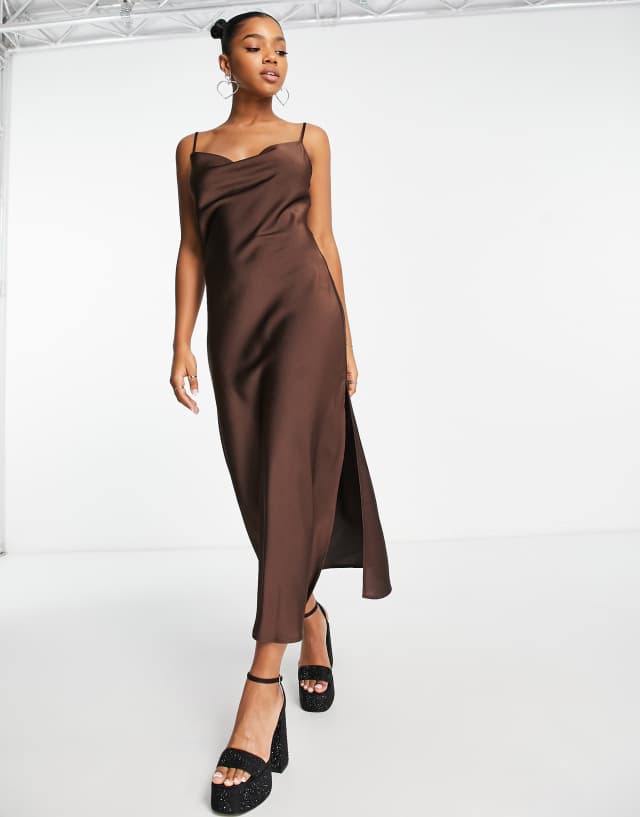 Lola May satin cowl neck midi dress in chocolate brown