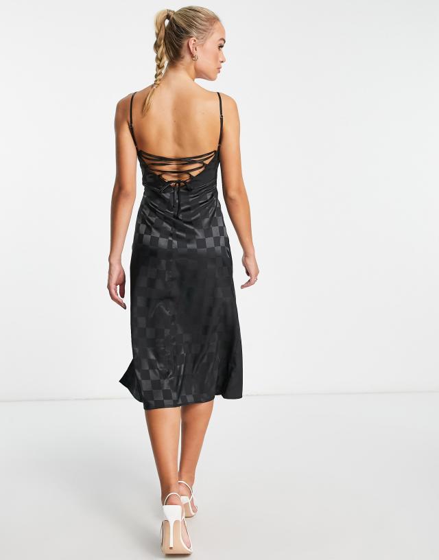 Lola May satin cross back midi dress in black diamond print