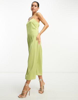 Lola May satin cross back midi dress in chartreuse-Green