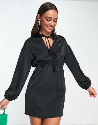 Lola May satin cut out front mini shirt dress in black