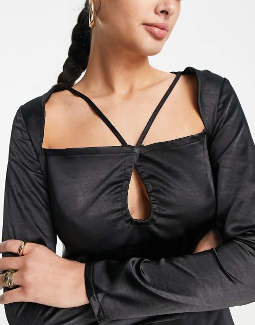 Lola May satin cutout mini dress in black, 3 of 4