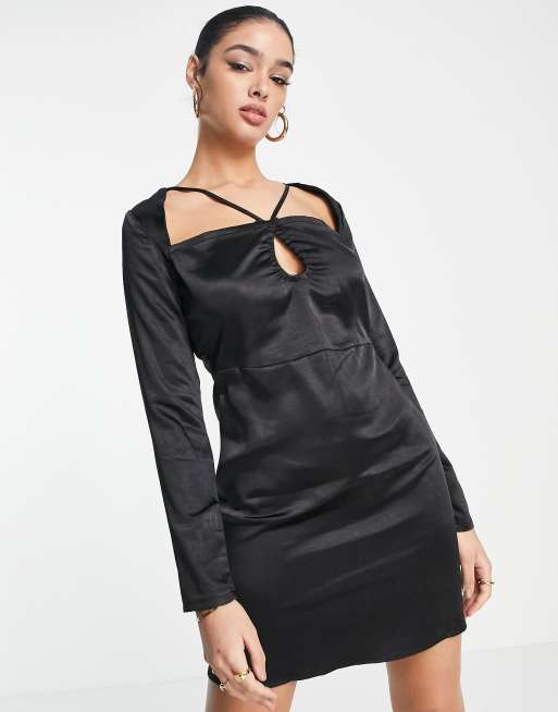 Lola May satin cutout mini dress in black, 4 of 4