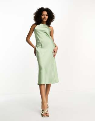 Lola May Satin Halter Neck Midi Dress In Sage-green | ModeSens