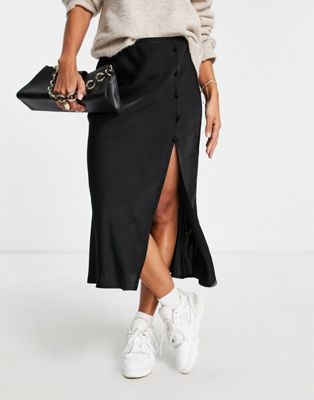 Lola May satin midi skirt with button side in black - ASOS Price Checker