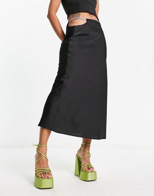 Lola May satin midi skirt with chain detail waist in black | ASOS