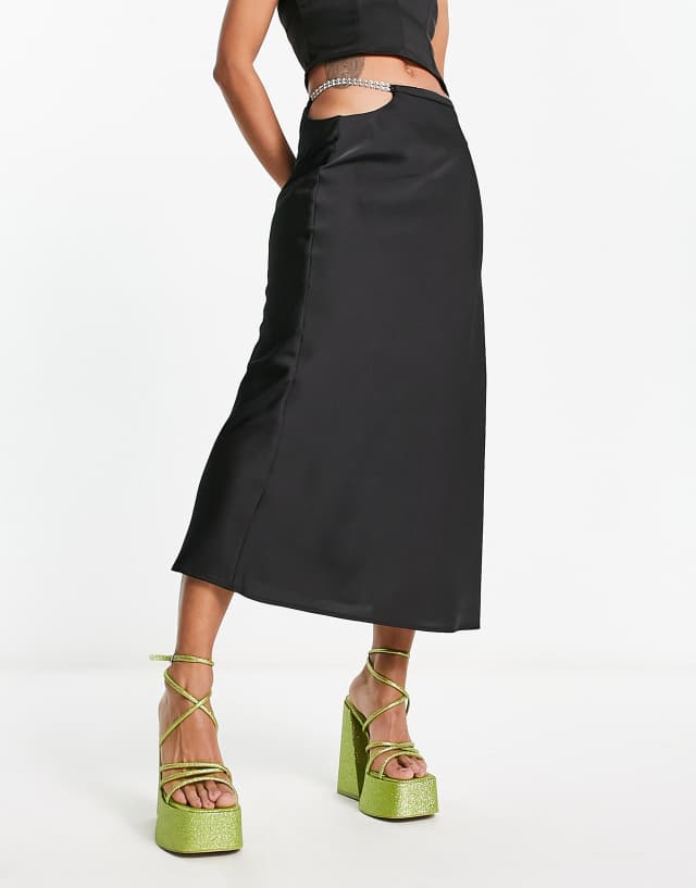 Lola May satin midi skirt with chain detail waist in black