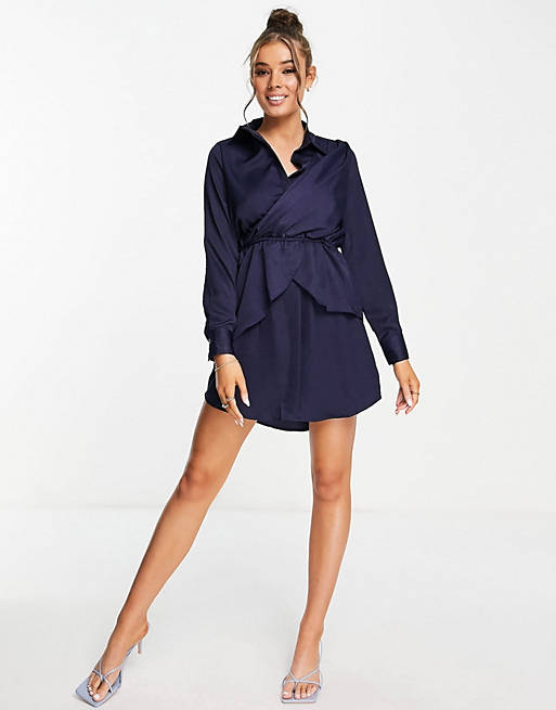 Lola May satin mini shirt dress with wrap panel in midnight blue