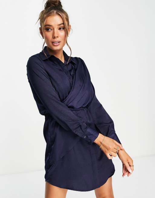 Navy blue cheap silk shirt dress