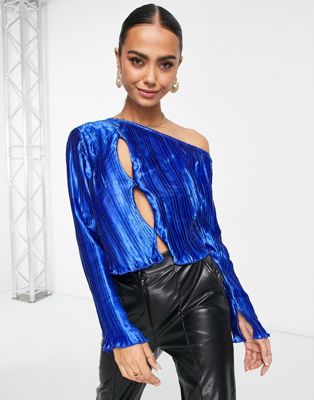 Lola May satin off shoulder cut out detail top in cobalt blue