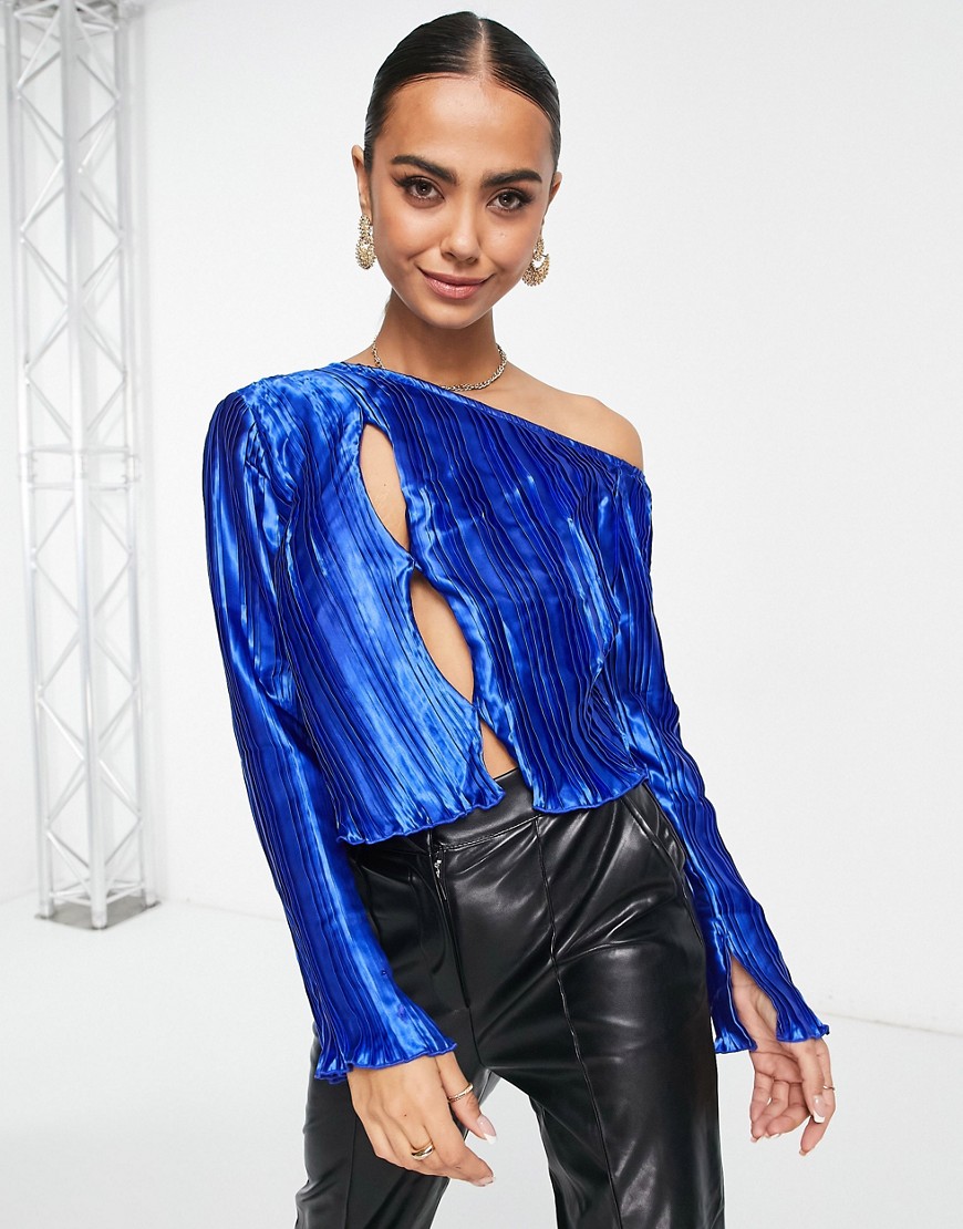 Lola May satin off shoulder cut out detail top in cobalt blue