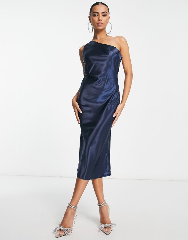 Lola May satin one shoulder midi dress with diamante strap in navy