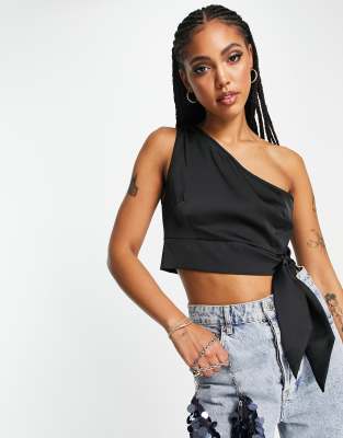 Lola May Satin One Shoulder Tie Side Crop Top In Black - Part Of A Set ...