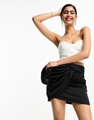 Lola May satin ruched front mini skirt in black