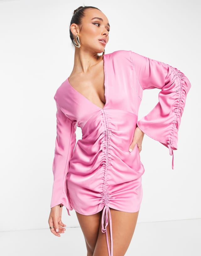 Lola May satin ruched mini dress with ties in pink