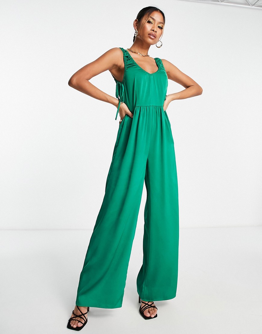 Lola May satin ruched side wide leg jumpsuit in green