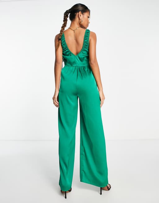 Petite Emerald Green One Shoulder Ruched Wide Leg Jumpsuit