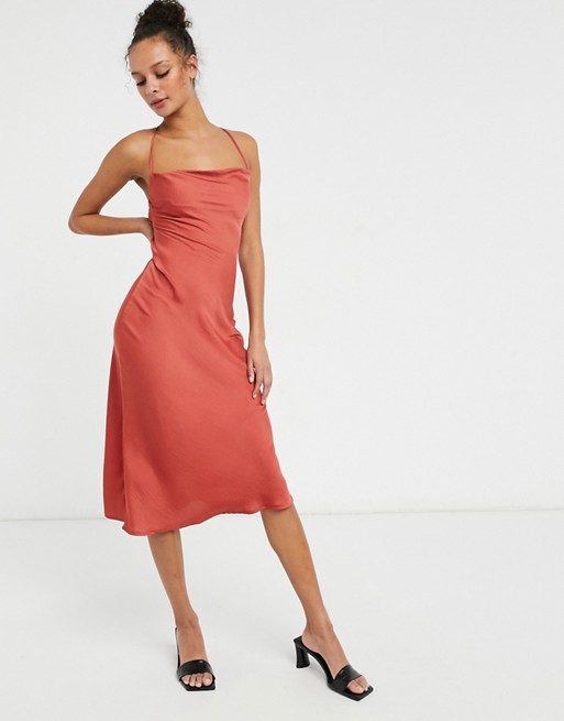 Lola May satin slip dress in red with strapping detail