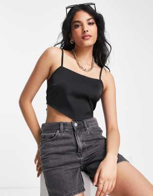 Lola May satin tie back crop top in black