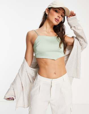 satin tie back crop top in sage green