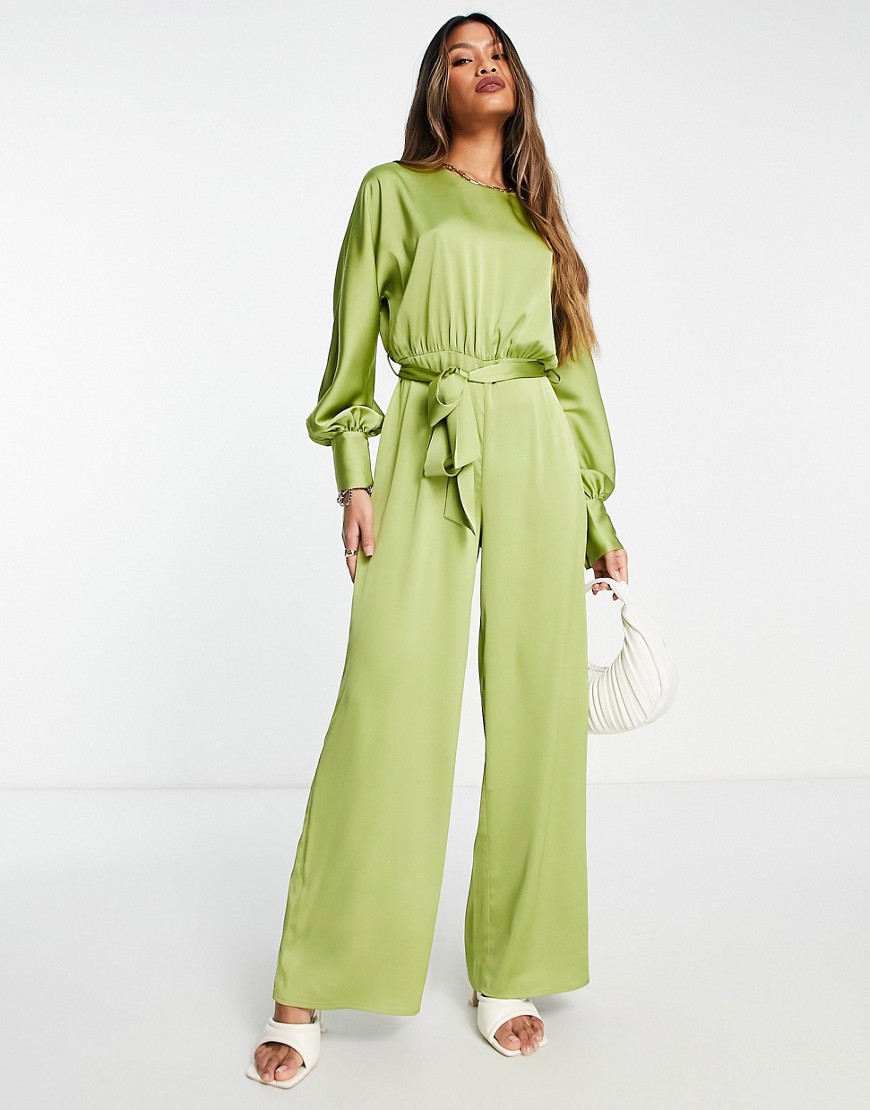 Lola May satin tie belted waist wide leg jumpsuit in chartreuse-Green