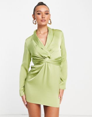 Lola May satin tie front mini dress in chartreuse