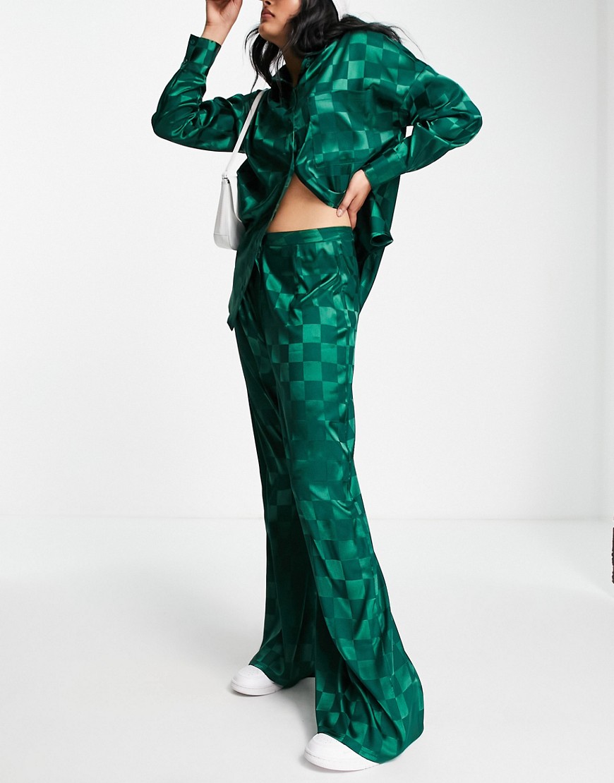 Lola May satin wide leg trousers co-ord in green check