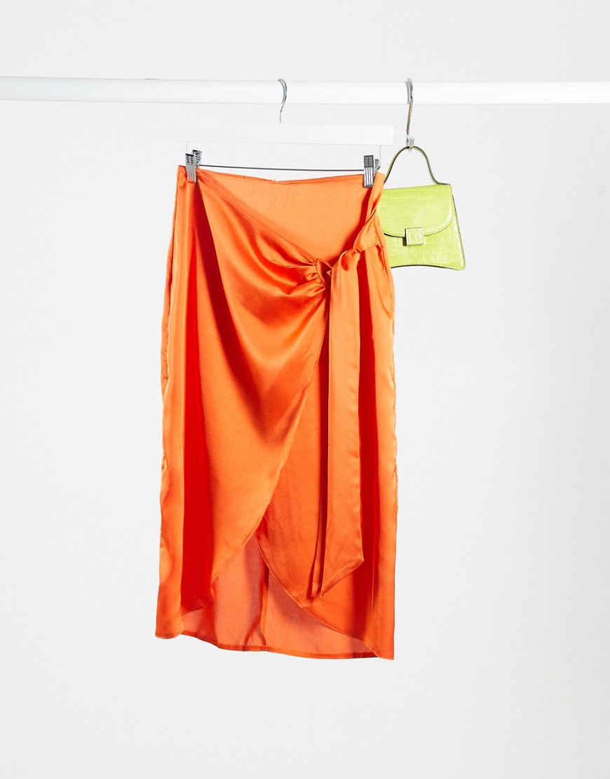 Lola May satin wrap midi skirt-Orange